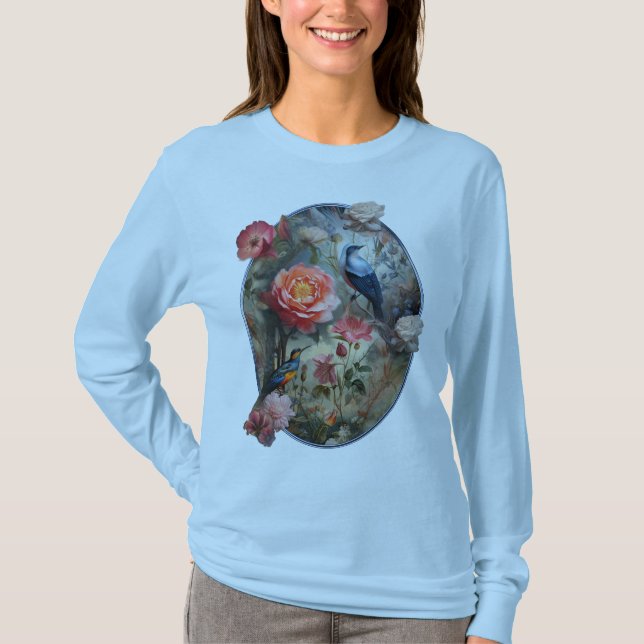 Surrealist Art mit Blume & Vögeln T-Shirt (Vorderseite)