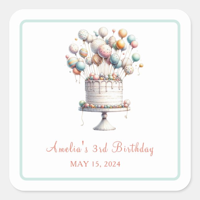Surrealist Birthday Cake & Balloons Custom Aufkleb Quadratischer Aufkleber (Vorderseite)