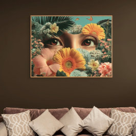 Surrealistische Augen und Blumen mit Schmetterling Poster