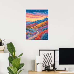 Surrealistische Berglandschaft bei Sonnenuntergang Poster