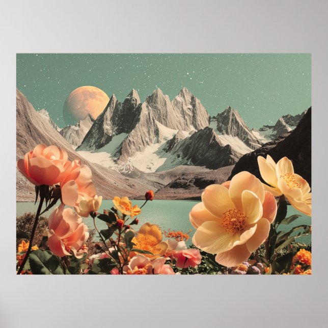 Surrealistische Berglandschaft mit blühenden Blume Poster (Vorne)