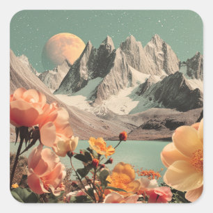 Surrealistische Berglandschaft mit blühenden Blume Quadratischer Aufkleber