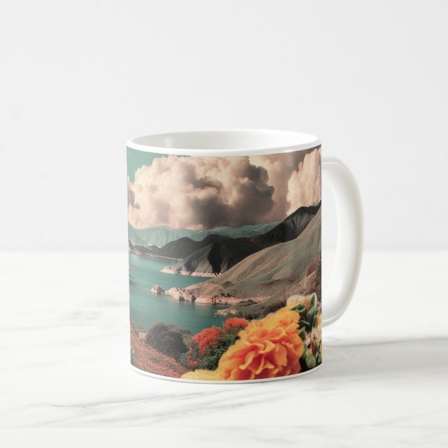 Surrealistische Berglandschaft mit Planeten und Wo Kaffeetasse (VorderseiteRechts)
