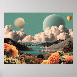 Surrealistische Berglandschaft mit Planeten und Wo Poster