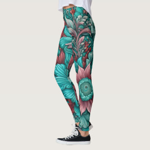 Surrealistische Blumen, cyanblaue rote und rosa Leggings