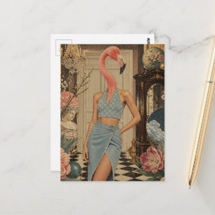 Surrealistische Flamingo-Frau in Blau Postkarte
