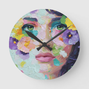 Surrealistische Frau Blumen Augen Blütenblätter Wi Runde Wanduhr