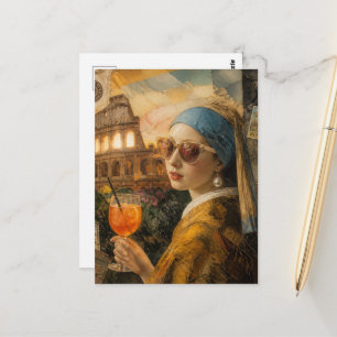 Surrealistische Frau mit Perlenohrring geht in den Postkarte