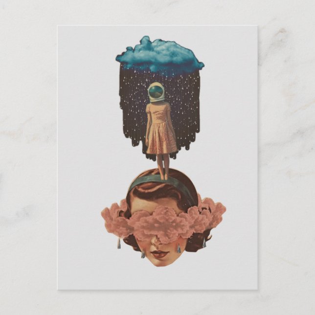 Surrealistische Frau mit Regenwolken-Collage Postkarte (Vorderseite)