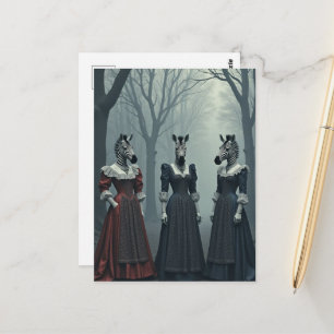 Surrealistische Frauen mit Zebraköpfen im Wald Postkarte