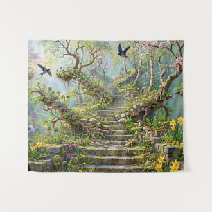 Surrealistische Frühlingsstiege schluckt Wildblume Wandteppich