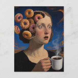 Surrealistische Frühstücks-Donuts und eine Kaffeef Postkarte