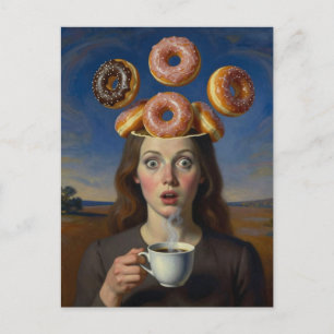 Surrealistische Frühstücksreihe Donuts und Kaffee Postkarte