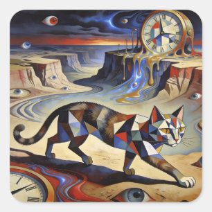 Surrealistische Katze schmilzt Uhren Dali Picasso  Quadratischer Aufkleber