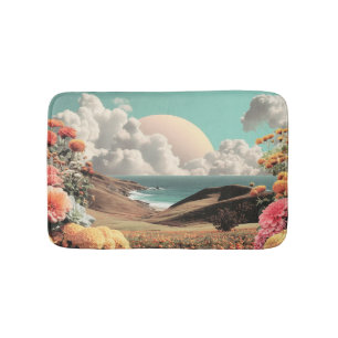 Surrealistische Küstenlandschaft mit Blumen und Wo Badematte