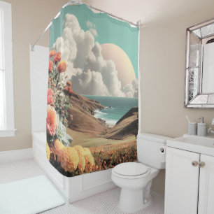 Surrealistische Küstenlandschaft mit Blumen und Wo Duschvorhang