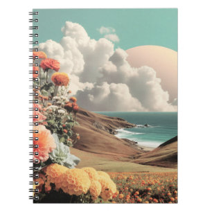 Surrealistische Küstenlandschaft mit Blumen und Wo Notizblock