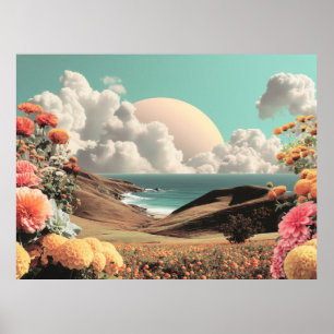 Surrealistische Küstenlandschaft mit Blumen und Wo Poster