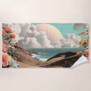 Surrealistische Küstenlandschaft mit Blumen und Wo Strandtuch