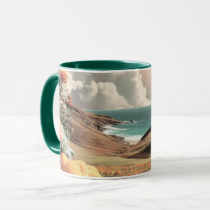 Surrealistische Küstenlandschaft mit Blumen und Wo Tasse