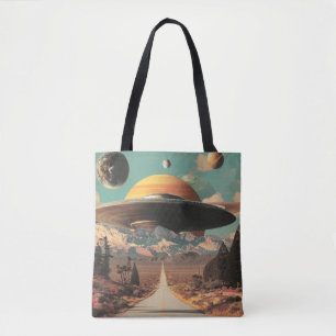 Surrealistische Landschaft mit Straße, UFO und Sat