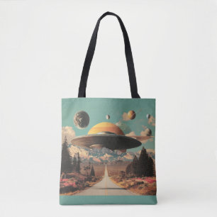 Surrealistische Landschaft mit Straße, UFO und Sat