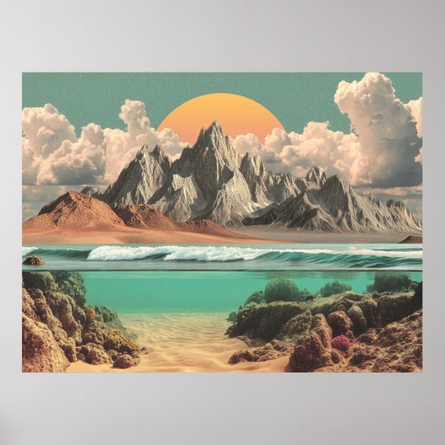 Surrealistische Meeres- und Berglandschaft mit Wel Poster (Vorne)