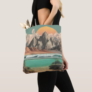 Surrealistische Ozean- und Berglandschaft mit Well