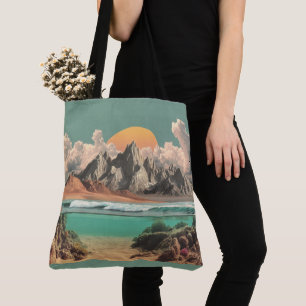 Surrealistische Ozean- und Berglandschaft mit Well