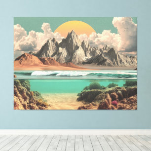 Surrealistische Ozean- und Berglandschaft mit Well Leinwanddruck
