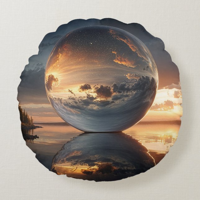 Surrealistische reflektierende Kugel mit Sonnenunt Rundes Kissen (Vorderseite)