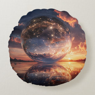 Surrealistische reflektierende Kugel mit Sternen Rundes Kissen