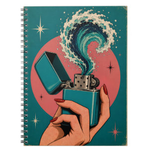 Surrealistische Retro-Pop-Art-Feuerzeug mit Ozeanw Notizblock