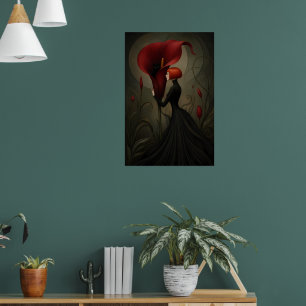Surrealistische rote Calla-Lilien-Frau schwarze Ka Poster