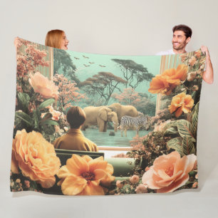 Surrealistische Safari-Szene mit Elefanten Zebras Fleecedecke