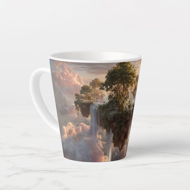Surrealistische schwebende Inseln mit Wasserfällen Milchtasse (Linke Ecke)