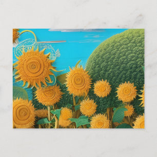 Surrealistische Sonnenblumen aus Garn   Postkarte