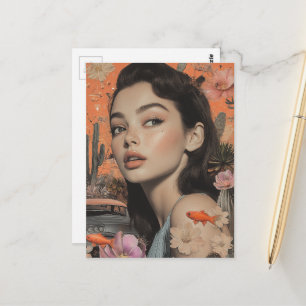 Surrealistische Vintage-Frau in der Wüste mit Gold Postkarte