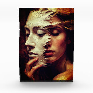 Surrealistisches Frauenporträt mit bemalter Maske Fotoblock