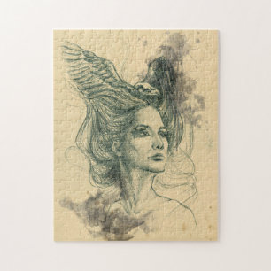 Surrealistisches Frauenporträt mit Vogelschädel un Puzzle