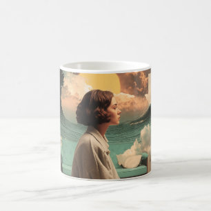 Surrealistisches Interieur mit Frau und Katze Kaffeetasse