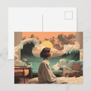 Surrealistisches Interieur mit Frau und Katze Postkarte