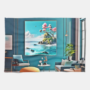 Surrealistisches Küstenparadies-Wandbild für moder Geschirrtuch