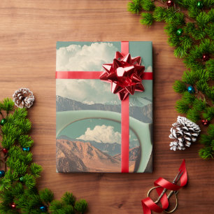 Surrealistisches Porträt mit Brille, die Wüste wid Geschenkpapier