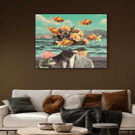 Surrealistisches Porträt mit Goldfischblumen und O Poster