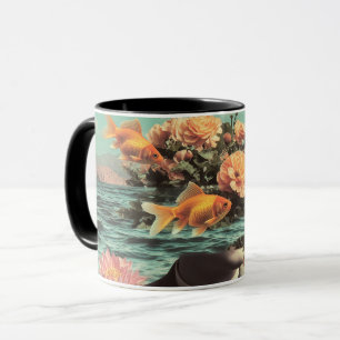 Surrealistisches Porträt mit Goldfischen, Blumen u Tasse