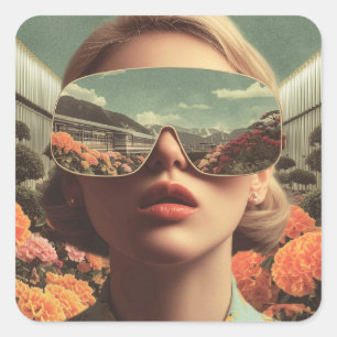 Surrealistisches Porträt mit Sonnenbrille, die Blu Quadratischer Aufkleber