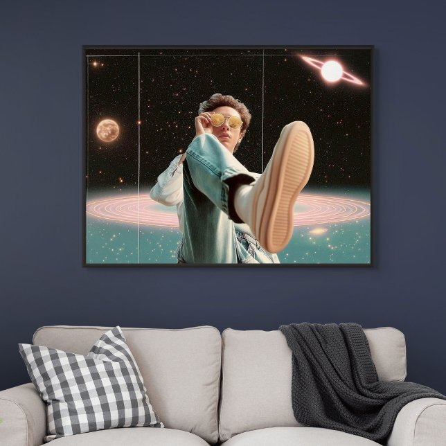 Surrealistisches Porträt mit Weltraumhintergrund u Poster (Surreal Portrait with Space Background and Planets)