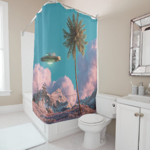 Surrealistisches UFO- und Palmenbaumbergszene Duschvorhang