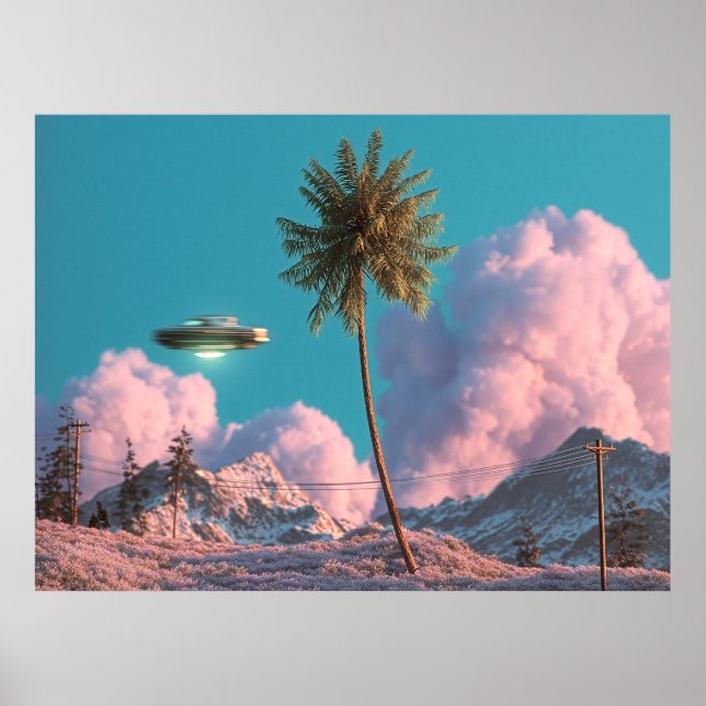 Surrealistisches UFO- und Palmenberg-Szenario Poster (Vorne)